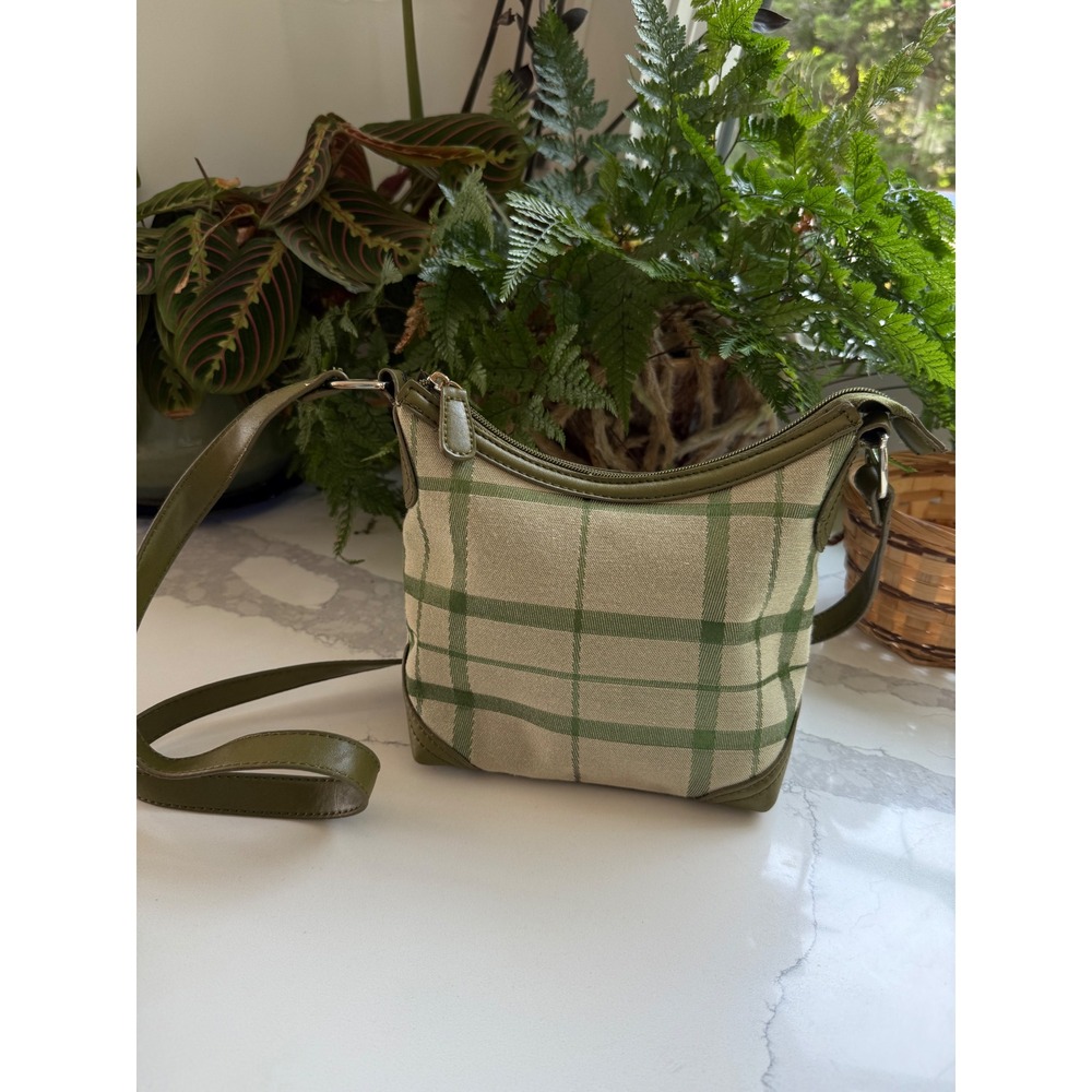 Etienne Aigner Plaid Crossbody Bag Olive Green Cream Canvas Small Bucket Bag EUC